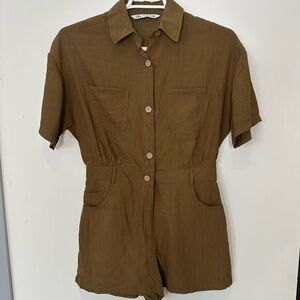 Zara Brown Button-Front Utility Romper - Short Sleeve women’s size S